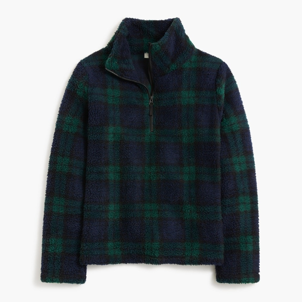 J.Crew Black Watch Plaid Sherpa Fleece Half Zip Pullover BU471 Navy Green M
